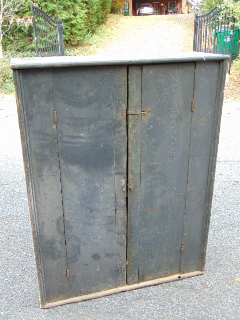 Small double door country cupboard or jelly cabinet, grey paint, double door, 38" wide, 12.5" deep,: Small double door country cupboard or jelly cabinet, grey paint, double door, 38" wide, 12.5" deep, height is 48.75"