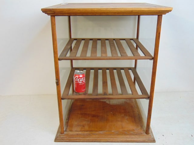Country store pie case in oak, door missing, 2 slatted wood shelves, case is 23.25" by 12.25" height: Country store pie case in oak, door missing, 2 slatted wood shelves, case is 23.25" by 12.25" height is 30.5"
