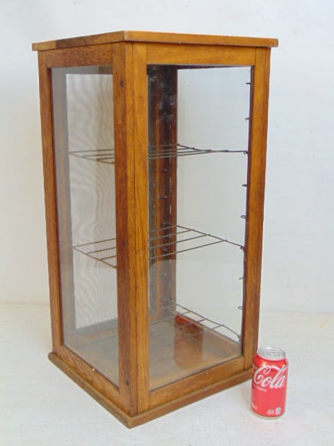 Oak pie case with glass sides, screened front, case is 13.5" wide, 13.5" deep, height is 27": Oak pie case with glass sides, screened front, case is 13.5" wide, 13.5" deep, height is 27"