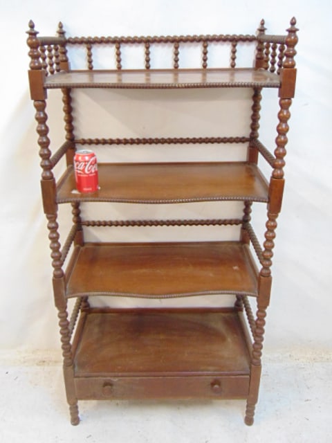 Mahogany spool etagere or shelf with spiral carved gallery, drawer in base, 26.75" by 14.75" deep,: Mahogany spool etagere or shelf with spiral carved gallery, drawer in base, 26.75" by 14.75" deep, height is 54"