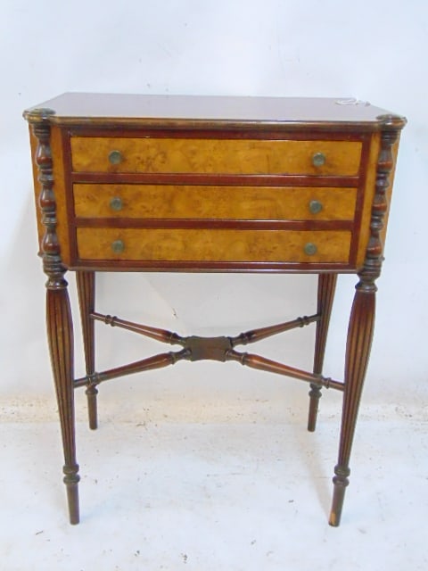 3 drawer inlaid stand, cross stretcher base, loss to bottom of one leg, stand is 23.75" wide, 15: 3 drawer inlaid stand, cross stretcher base, loss to bottom of one leg, stand is 23.75" wide, 15 7/8" deep, height is 31.75"