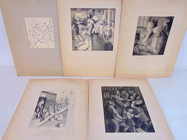 5 drawings, watercolors by Charles W. Yeiser, modernistic subjects, people, robots, mattings are 20": 5 drawings, watercolors by Charles W. Yeiser, modernistic subjects, people, robots, mattings are 20" by 15", art sizes vary, mattings are stained.