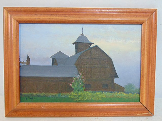 Painting, Large barn, signed Joan Journey (?), oil on canvas, 10 3/8" by 14 3/8" framed size: Painting, Large barn, signed Joan Journey (?), oil on canvas, 10 3/8" by 14 3/8" framed size
