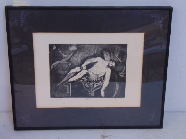 Engraving, "Sleep", signed E. Laxman (Eric), ap 1991, 8" by 11" sight, 13.25" by 16.25" framed: Engraving, "Sleep", signed E. Laxman (Eric), ap 1991, 8" by 11" sight, 13.25" by 16.25" framed