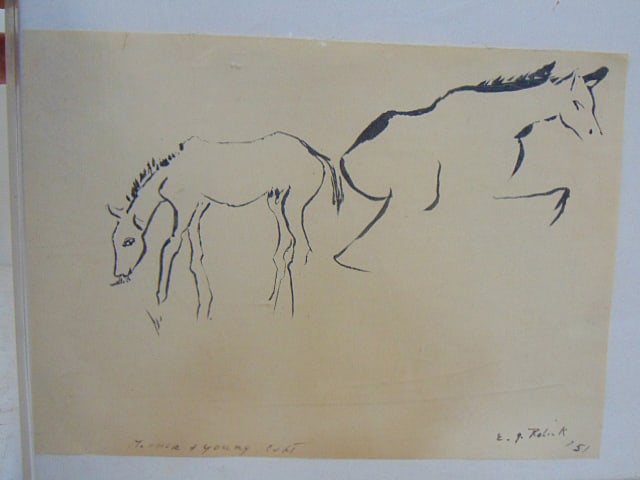 Ink drawing, "Mother and Young Colt", signed E. Rolick '51, (Esther), 5" by 7" paper size: Ink drawing, "Mother and Young Colt", signed E. Rolick '51, (Esther), 5" by 7" paper size