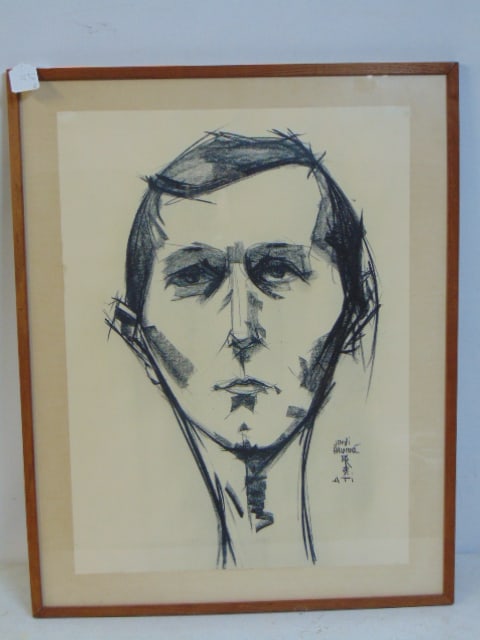 Drawing, portrait man, signed Jordi Aluma, 30" by 22" (35.75" by 28.25" framed): Drawing, portrait man, signed Jordi Aluma, 30" by 22" (35.75" by 28.25" framed)