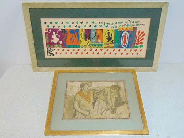 2 prints, Degas & Matisse, "Woman Ironing", by Edgar Degas 18.5" by 23.75" & "The Thousand and One: 2 prints, Degas & Matisse, "Woman Ironing", by Edgar Degas 18.5" by 23.75" & "The Thousand and One Nights" by Henri Matisse, 22.5" by 43" (sized given include frame)