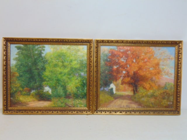 Pair paintings, landscapes, oil on Masonite "This painting was painted by my father Maria F. Shoudy,: Pair paintings, landscapes, oil on Masonite "This painting was painted by my father Maria F. Shoudy, The Handley Farm, 23" by 27" framed size
