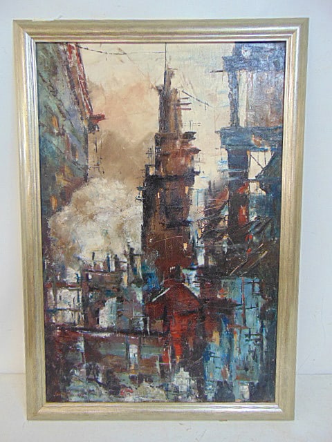 Painting, "Industry", signed Joe De Thomas, oil on canvas, abstract form cityscape, 30" by 20",: Painting, "Industry", signed Joe De Thomas, oil on canvas, abstract form cityscape, 30" by 20", 33.5" by 23.5"
