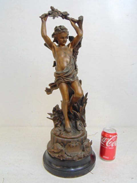 Spelter figural statue, "Zephyr", on wood base, 22.5" tall: Spelter figural statue, "Zephyr", on wood base, 22.5" tall