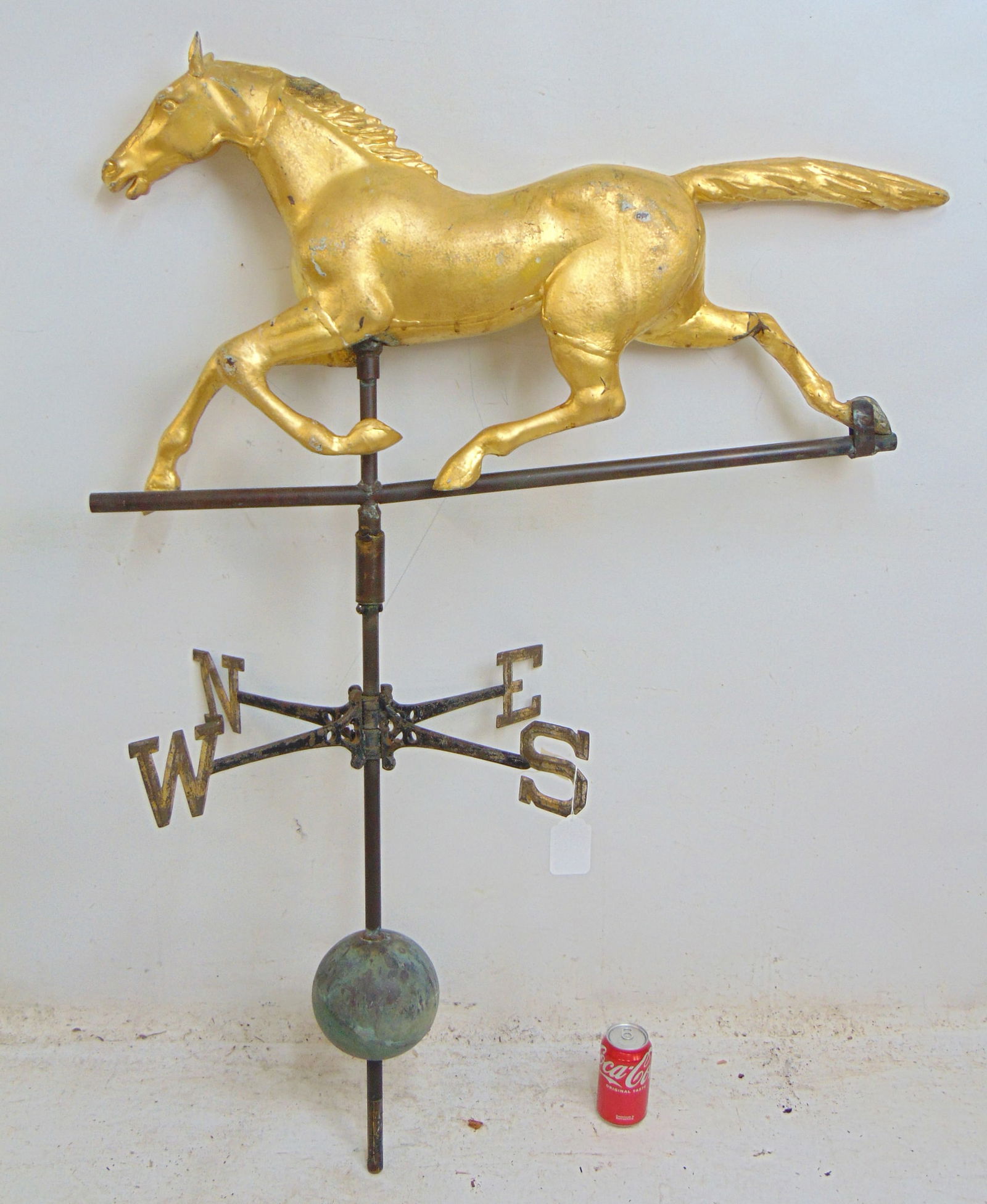 Gilded zinc head copper horse weathervane with directional, horse is 36" long, height is 24"height: Gilded zinc head copper horse weathervane with directional, horse is 36" long, height is 24"height including directional is 51.5"