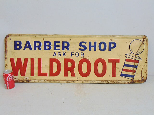 Litho tin advertising sign, "Barber Shop, Ask for Wild Root", single sided, 39" by 13.5": Litho tin advertising sign, "Barber Shop, Ask for Wild Root", single sided, 39" by 13.5"
