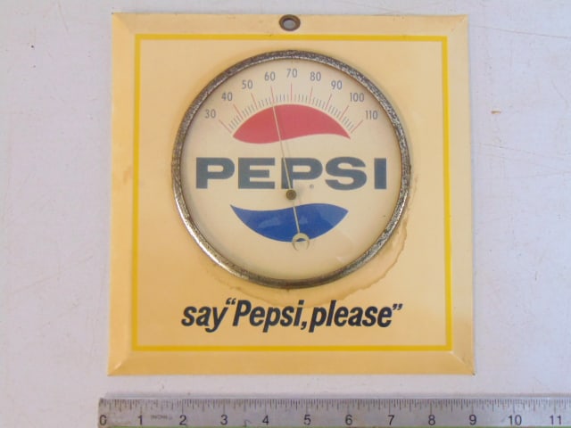 Pepsi advertising thermometer, enameled metal "Say Pepsi Please", thermometer, working condition,: Pepsi advertising thermometer, enameled metal "Say Pepsi Please", thermometer, working condition, Manufactured by Permanent Sign & Display Co., 8 7/8" by 8 7/8"