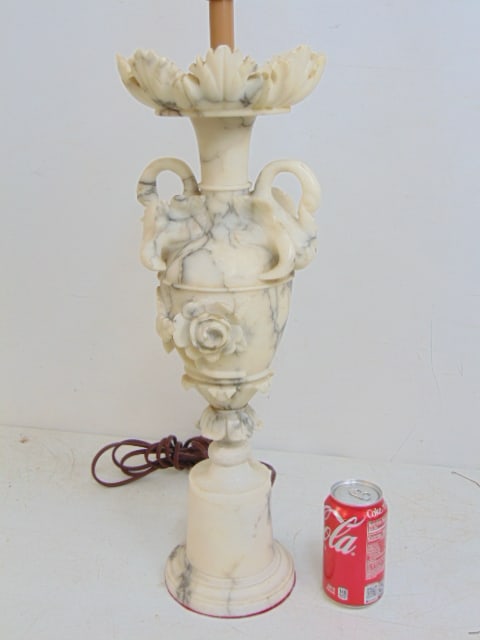 Carved alabaster table lamp with swan handles, height is 26.5", base top socket, some chips: Carved alabaster table lamp with swan handles, height is 26.5", base top socket, some chips