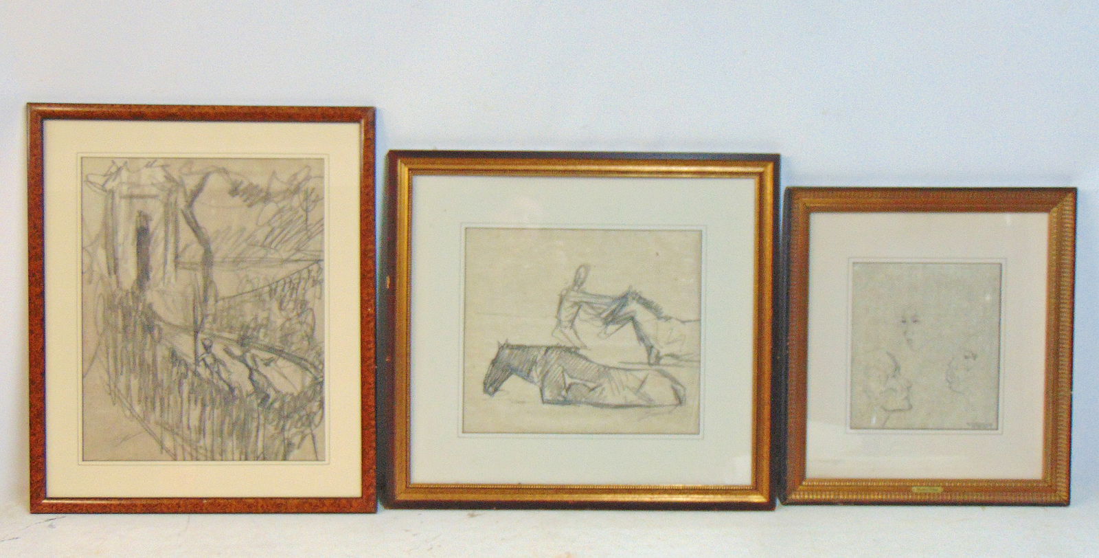 3 pencil drawings by Maurice Sterne, 2 are signed, one with gallery stamp, figure with horses,: 3 pencil drawings by Maurice Sterne, 2 are signed, one with gallery stamp, figure with horses, 12.75" by b14.75" (22.5" by 24.5" framed); 2 figures by structure, 18.75" by 14.75" ( 25.5" by 21 3/8" fr