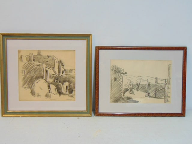 2 pencil drawings, adobe style houses, by Maurice Sterne, 12" by 17" & 13.75" by 15.25" (framed size: 2 pencil drawings, adobe style houses, by Maurice Sterne, 12" by 17" & 13.75" by 15.25" (framed size 19.5" by 25.25" & 22.75" by 24.25"), with gallery stamps.