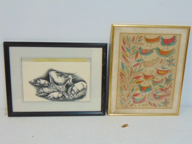 Lithograph & watercolor, R. Davis & George Biddle, lithograph cows, Biddle 1928, 45/53, loose in: Lithograph & watercolor, R. Davis & George Biddle, lithograph cows, Biddle 1928, 45/53, loose in frame, needs securing & 16.5" by 21.75", watercolor, birds, signed R. David 1965, 20.5" by 16.5" (frame