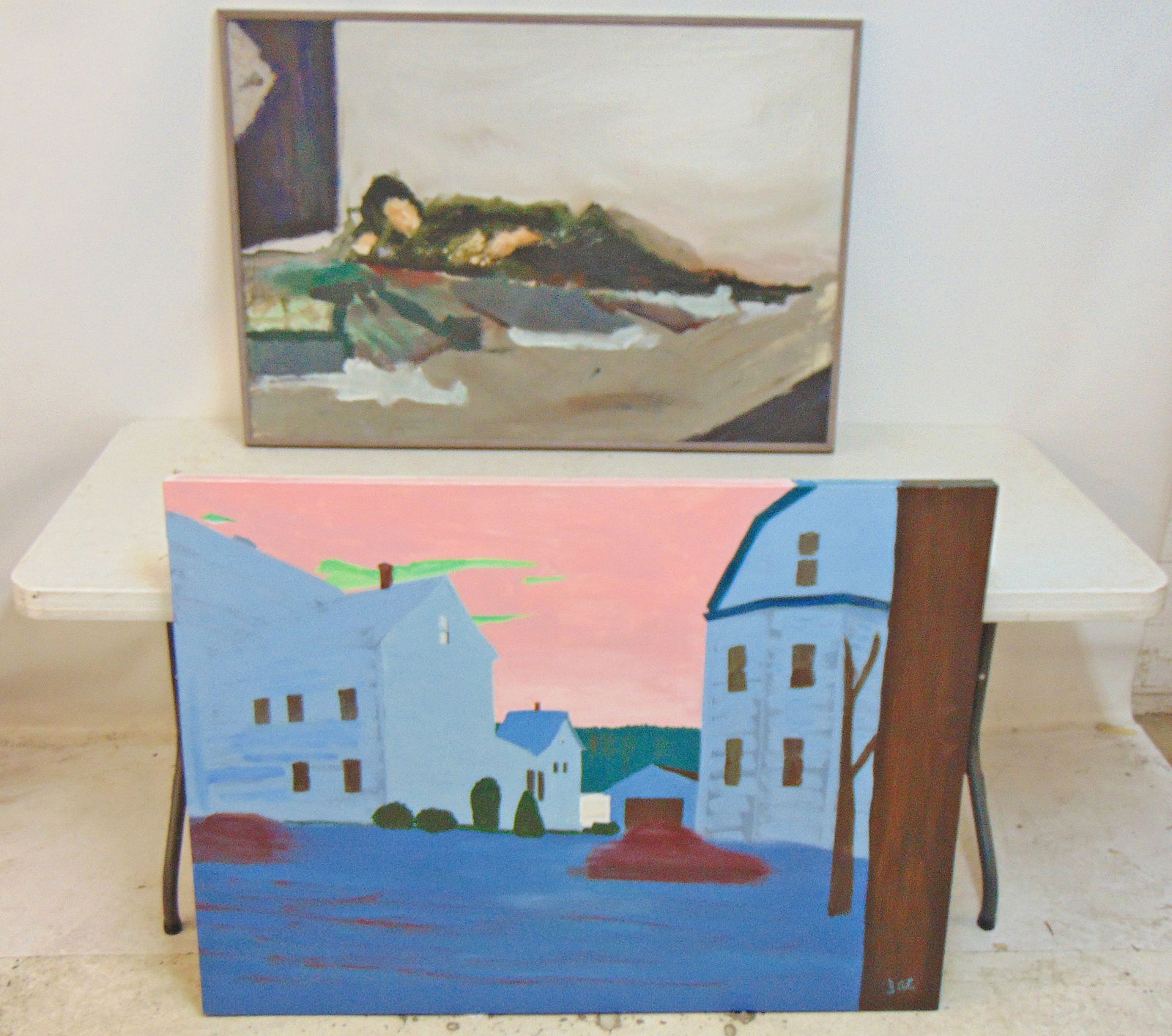 2 large paintings, Lyn Bertles (Jac), "The White Square is the River", signed Jac, 36" by 48" &: 2 large paintings, Lyn Bertles (Jac), "The White Square is the River", signed Jac, 36" by 48" & reclining woman, unsigned, 30" by 44", has artist info on back.