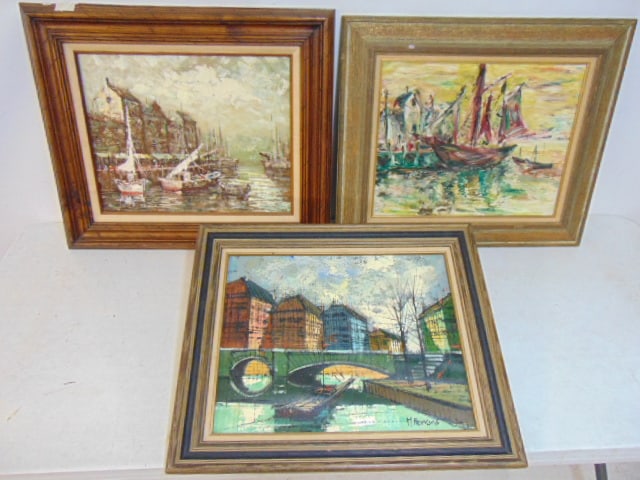 3 paintings, MCM style, boats, cityscapes, artist include H. Ferrara (cityscape in Buffet style),: 3 paintings, MCM style, boats, cityscapes, artist include H. Ferrara (cityscape in Buffet style), 21" by 25"; Ben Roy (?), sailboat by dock, 23.5" by 27 3/8" & H. Nelson, boats in small harbor with bu