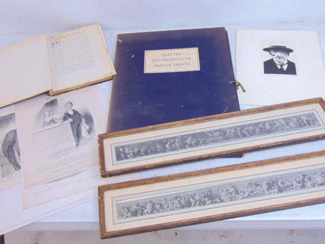 Art lot, Daumier prints, book, Ukiyo-e print portfolio, Leonard Baskin signed print, pair framed: Art lot, Daumier prints, book, Ukiyo-e print portfolio, Leonard Baskin signed print, pair framed neo-classical prints ( 25.75" by 5.25"