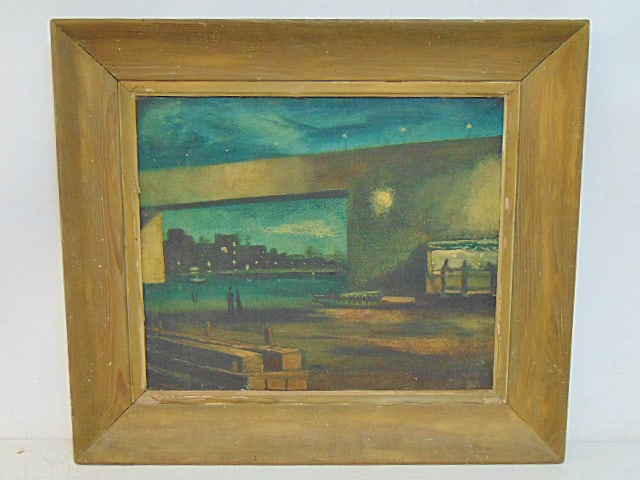 Painting, figures by bar, cityscape in background, unsigned, oil on canvas.20" by 24", framed size: Painting, figures by bar, cityscape in background, unsigned, oil on canvas.20" by 24", framed size 28" by 32"