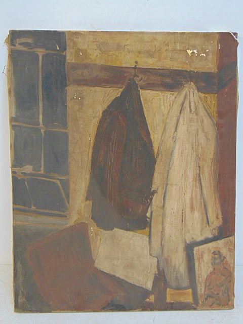 Painting, coats hanging on hooks, unsigned, oil on canvas, some flaking, 25" x 20" no frame: Painting, coats hanging on hooks, unsigned, oil on canvas, some flaking, 25" x 20" no frame