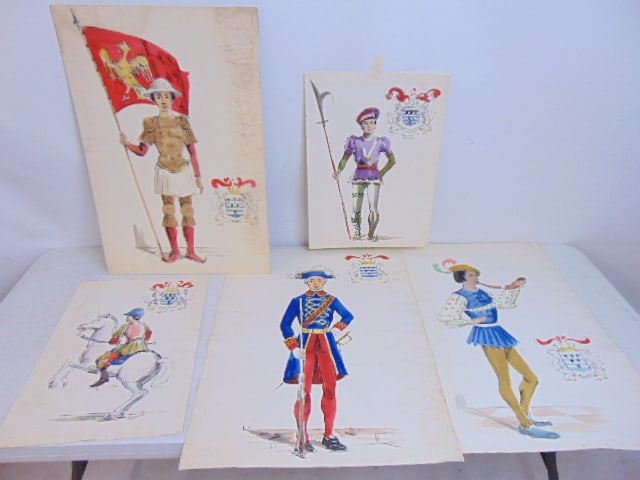 5 watercolors, various studies showing armorial shield and figures in uniform marked "Cecil", by: 5 watercolors, various studies showing armorial shield and figures in uniform marked "Cecil", by William Yeiser, most are 31" by 22.5"