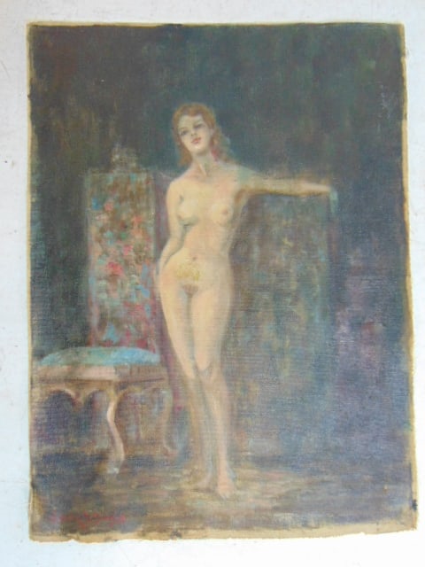 Painting, nude lady by screen, Warren B, Davis, oil on canvas (loose, not on stretcher, 16" by 11: Painting, nude lady by screen, Warren B, Davis, oil on canvas (loose, not on stretcher, 16" by 11 7/8"
