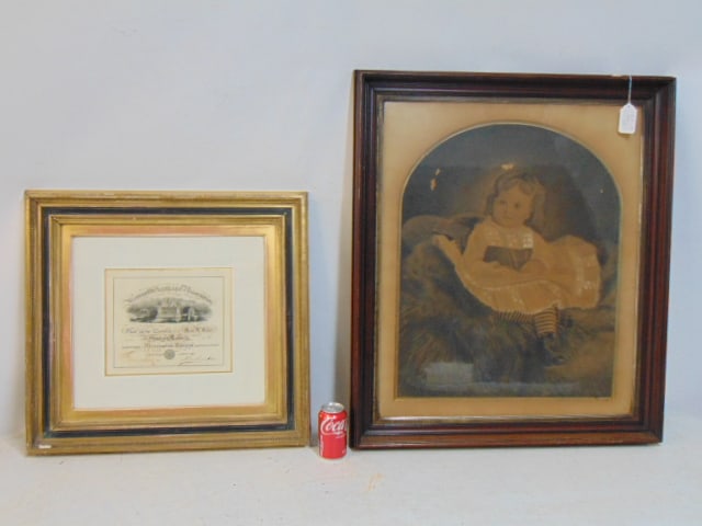2 frames, framed document, "New York Mercantile Library Association" & large Victorian framed print: 2 frames, framed document, "New York Mercantile Library Association" & large Victorian framed print of a little girl, 35" by 30.25" & 24" by 25 7/8" (total size)