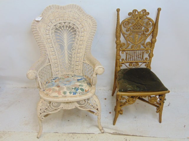 2 fancy decorative Wicker chairs, one in white paint, other in gold paint, height is 39", seat: 2 fancy decorative Wicker chairs, one in white paint, other in gold paint, height is 39", seat height is 16"