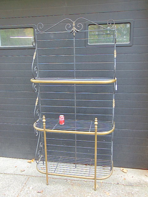 Brass & iron bakers rack, 3 shelves, etagere is 42" wide, 18" deep, 84" tall: Brass & iron bakers rack, 3 shelves, etagere is 42" wide, 18" deep, 84" tall