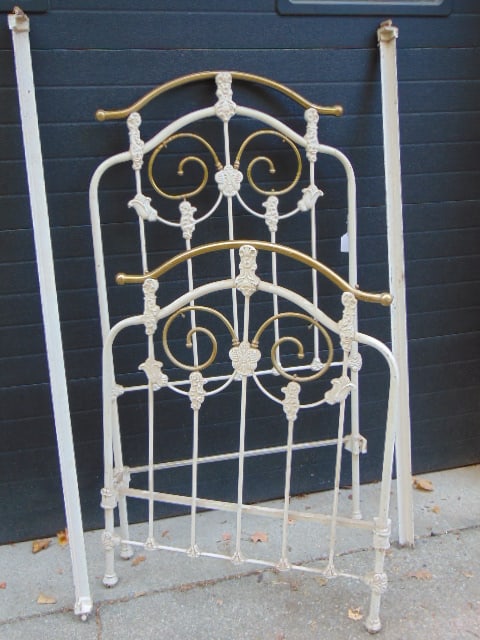 Iron & brass bed with rails, headboard is 65" tall, footboard is 46.5" tall, bed is 36" wide, rails: Iron & brass bed with rails, headboard is 65" tall, footboard is 46.5" tall, bed is 36" wide, rails are 71"