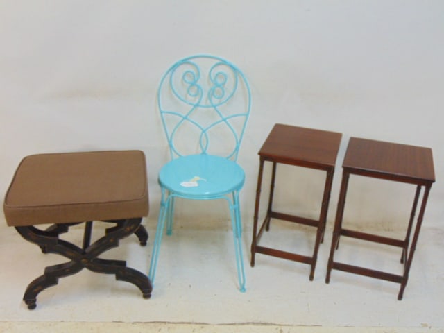 Ice cream parlor chair, pair small stands & upholstered stool, ice cream chair in light blue paint: Ice cream parlor chair, pair small stands & upholstered stool, ice cream chair in light blue paint
