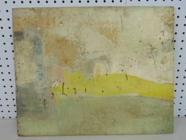 Painting, abstract with yellow figure, by Bob Boernstein, oil on Masonite, 16" by 19.75": Painting, abstract with yellow figure, by Bob Boernstein, oil on Masonite, 16" by 19.75"