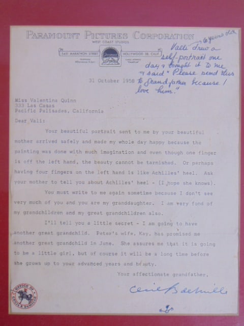 Letter from Cecil B. DeMille to his granddaughter, Valentina Quinn, daughter of Anthony Quinn,: Letter from Cecil B. DeMille to his granddaughter, Valentina Quinn, daughter of Anthony Quinn, signed.