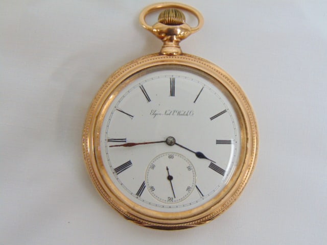 14kt GOLD Pocket Watch Elgin open face, 123 grams total weight, dial diameter 43mm , hallmark 14k: 14kt GOLD Pocket Watch Elgin open face, 123 grams total weight, dial diameter 43mm , hallmark 14k 64498 , Elgin National Watch Co.