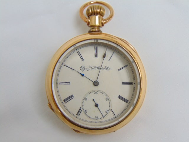 14kt GOLD Pocket Watch Elgin glass magnifier hinged case by Elgin National Watch Co. tested 14kt,: 14kt GOLD Pocket Watch Elgin glass magnifier hinged case by Elgin National Watch Co. tested 14kt, 230221, dial diameter 44mm, 121.70 grams total weight. outsided case tested 14kt inner case did not te