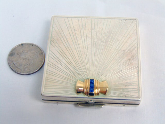 Tiffany & Co. Sterling & 14kt Sapphire compact, signed and inscribed from 1952, 2.68 troy oz, 2 3/8": Tiffany & Co. Sterling & 14kt Sapphire compact, signed and inscribed from 1952, 2.68 troy oz, 2 3/8" x 2 3/8", some scratches