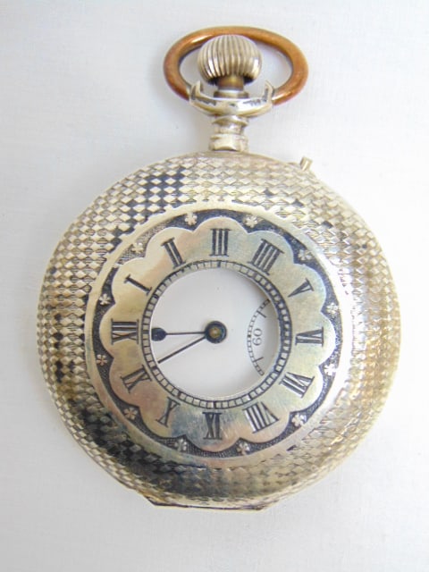 VERA Pocket Watch, 800, case is a basketweave design w/ black enamel worn, 2.92 troy oz: VERA Pocket Watch, 800, case is a basketweave design w/ black enamel worn, 2.92 troy oz