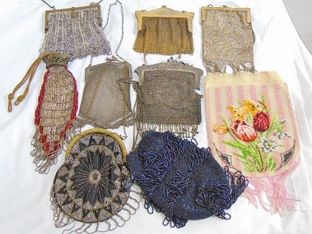 Collection of 9 Vintage beaded purses French & German, silver & gold tone mesh purses & other: Collection of 9 Vintage beaded purses French & German, silver & gold tone mesh purses & other