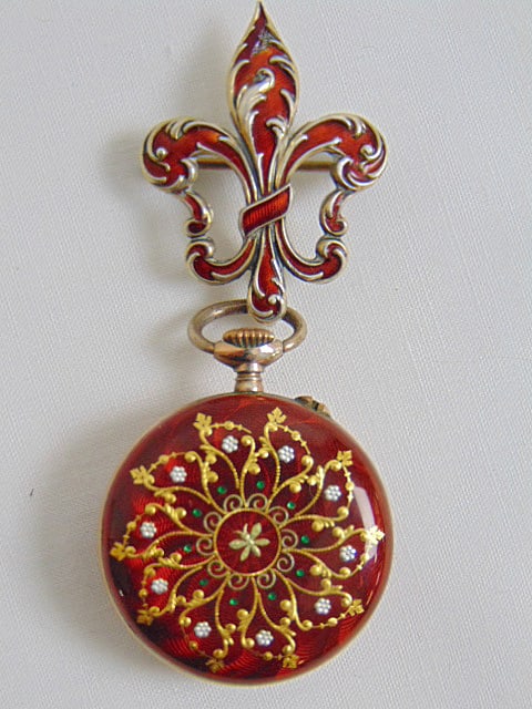 Jewelry. Antique Sterling Fleur-de-Lis red enamel pendant watch w/ case back decorated with leaf: Jewelry. Antique Sterling Fleur-de-Lis red enamel pendant watch w/ case back decorated with leaf design