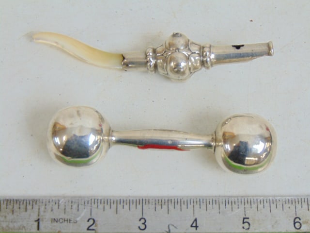 Tiffany sterling rattle & small flute with Mother of Pearl decoration, flute is 5" long: Tiffany sterling rattle & small flute with Mother of Pearl decoration, flute is 5" long