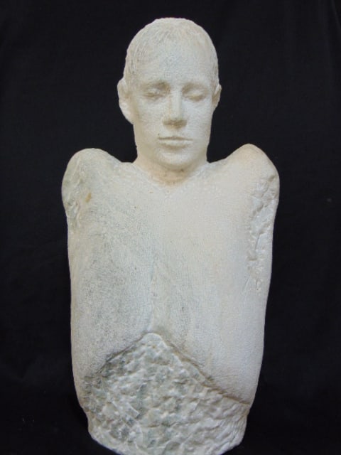 Carved marble statue, head with torso, signed Wells (Charles), carved white stone, height is 22"