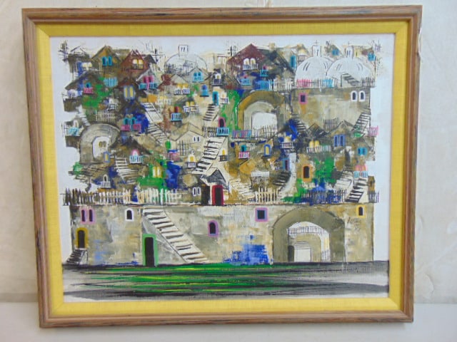 Painting, city scene with wall, signed A.G. Gomez, acrylic on canvas, 18.5" by 22.25" framed size: Painting, city scene with wall, signed A.G. Gomez, acrylic on canvas, 18.5" by 22.25" framed size