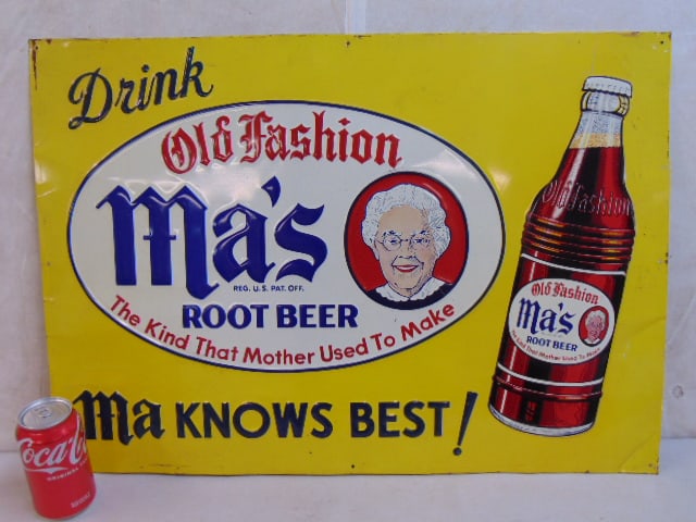 Vintage advertising sign, "Drink Old Fashioned Ma's Rootbeer, minor scratches, 19.5" by 27 3/8": Vintage advertising sign, "Drink Old Fashioned Ma's Rootbeer, minor scratches, 19.5" by 27 3/8"