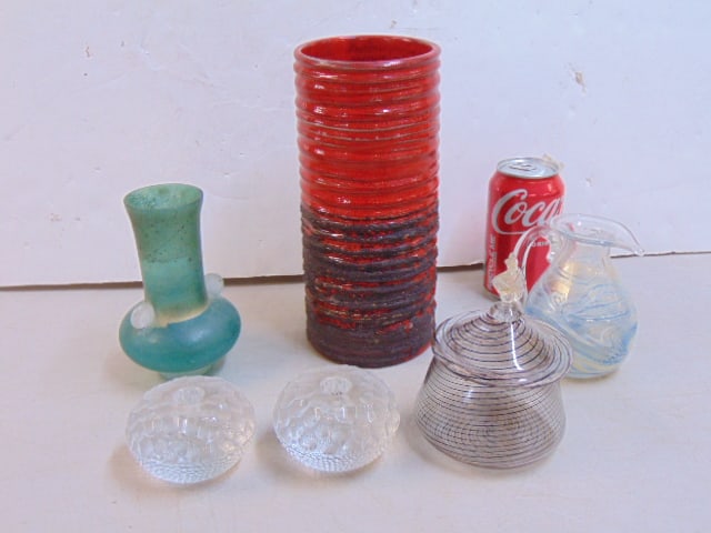 Glass & pottery lot, includes cylindrical pottery vase in red marked Canada, 9 3/8" tall, small fros: Glass & pottery lot, includes cylindrical pottery vase in red marked Canada, 9 3/8" tall, small frosted blue glass vase, small art glass pitcher, Venetian art glass lidded jar with spiral pattern & tw