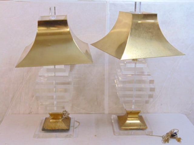 Pair large Mid Century Lucite base, brass shade table lamps, marked Hong Kong, height is 28": Pair large Mid Century Lucite base, brass shade table lamps, marked Hong Kong, height is 28"