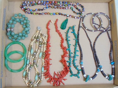 Jewelry lot to include stone necklaces & bangles including Coral, Jade, Turquoise, more.