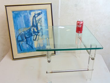 Lucite glass top stand & painting of a horse, glass has chipped corner, watercolor horses is signed
