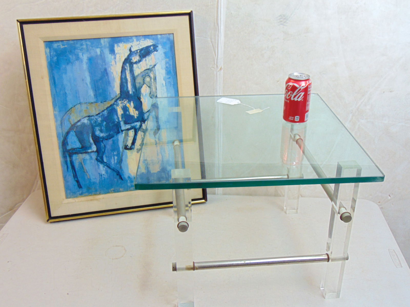 Lucite glass top stand & painting of a horse, glass has chipped corner, watercolor horses is signed: Lucite glass top stand & painting of a horse, glass has chipped corner, watercolor horses is signed Rouf, 24.75" by 20.75" (framed size), stand is